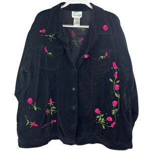 The Quacker Factory Black Velvet 2 Pocket Button Up Pink Embroider Floral Top 2X